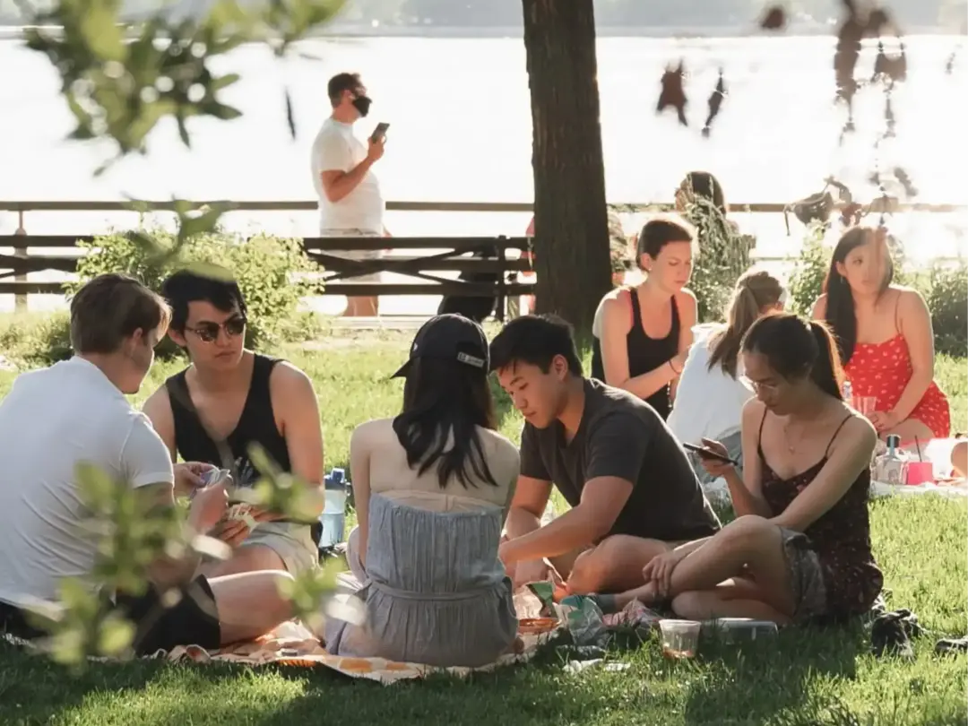 Nachbarn picknicken im Park und unterhalten sich